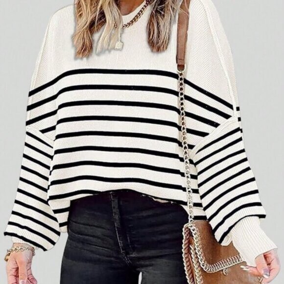 White Casual Women's Crew Neck Long Sleeve Striped Design Pullover Sweater - Picture 1 of 3